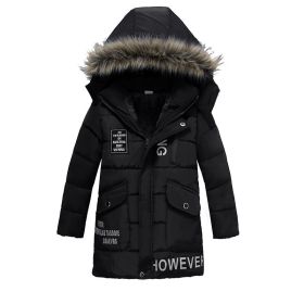 Winter Children's Trendy Cotton-padded Jacket Mid-length Letter Cotton-padded Coat (Option: Black-XL)