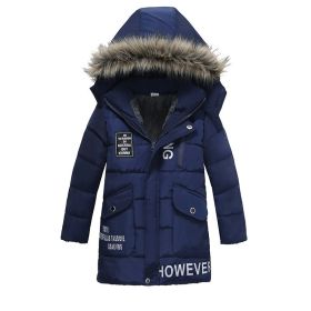 Winter Children's Trendy Cotton-padded Jacket Mid-length Letter Cotton-padded Coat (Option: Blue-L)